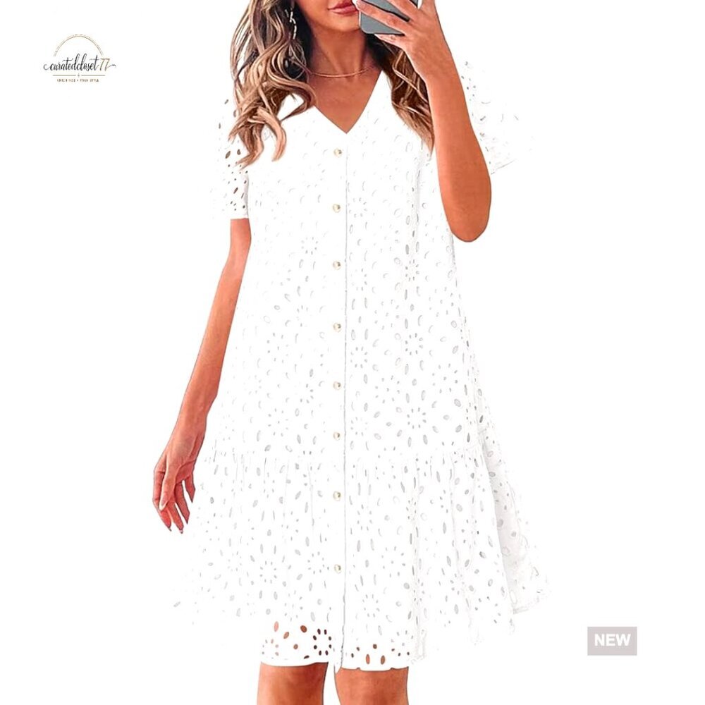 Cotton Eyelet Babydoll Mini Dress with Pockets, V-Neck, Button Front